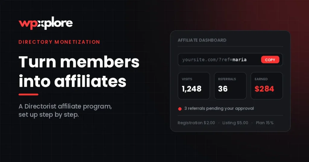 Directorist affiliate dashboard showing a referral link, visit and referral stats, and commission rates